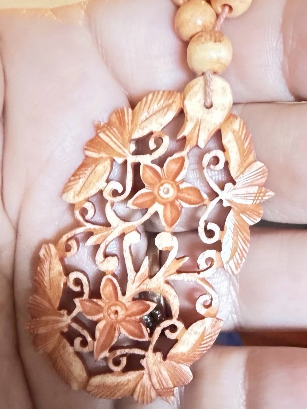 Vintage Dyed Peach Carved Celluloid Pendant Necklace Floral Ornate Pendant